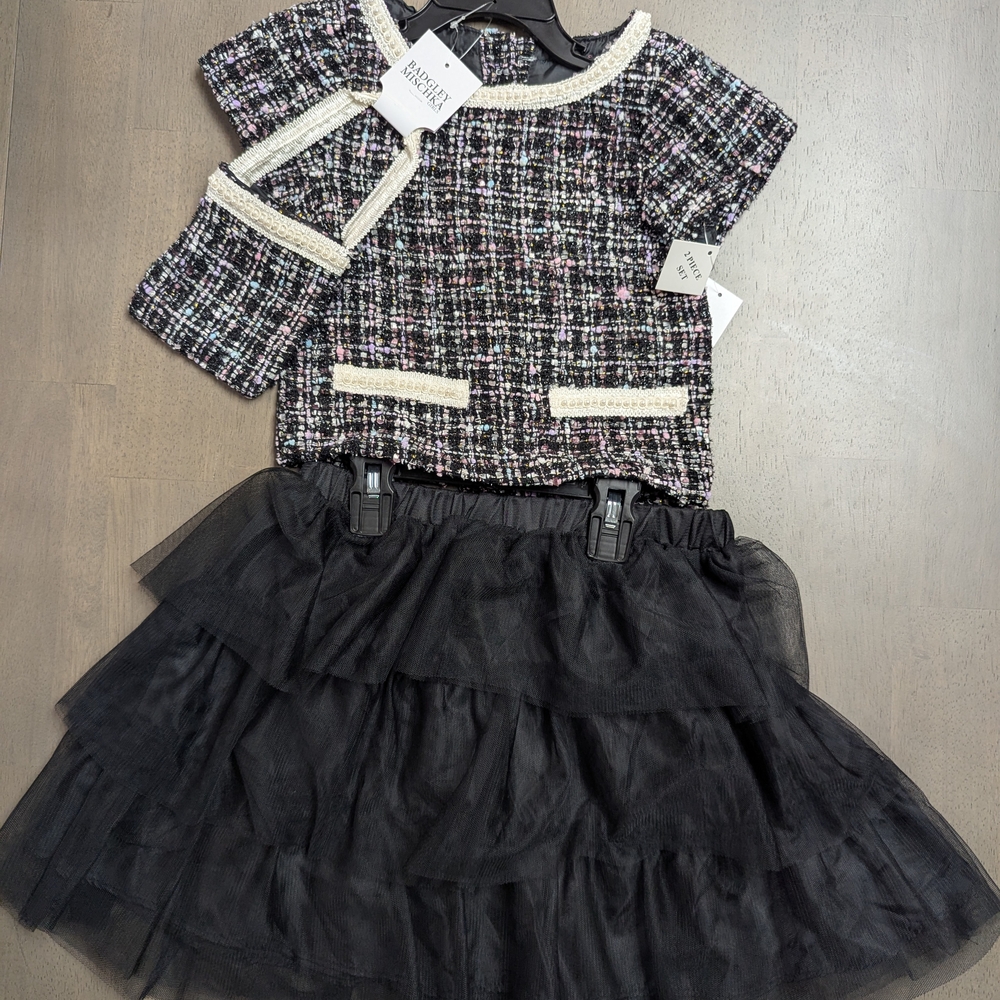 Badgley Mischka Tweed Multicolor Top, Purse,Black Tulle Skirt, Kids Matching Set